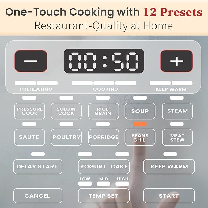 Fullwill 8QT Electric Pressure Cooker Max, 1200W Fast Cooking, 12-in-1 Multi-Use Programmable with Ceramic Non Stick Pot for Sauté, Slow Cook, Steam, Yogurt, Ideal for Family Meals & Gatherings