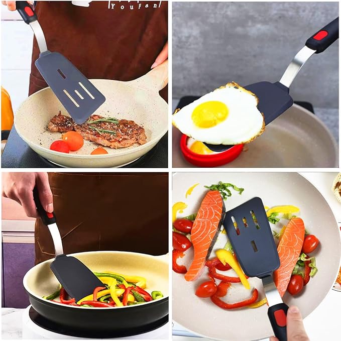 4Pcs Spatula Silicone Heat Resistant Flexible Rubber Silicone Spatulas for Nonstick Cookware, Burger Pancake Spatula Turner Large Spatulas Set for Cooking Kitchen Utensils Set Black