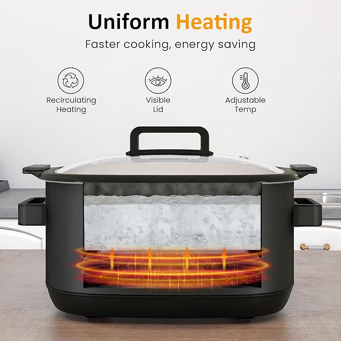 Sunvivi 12-in-1 Multi Slow Cooker Roaster Oven, 6.5QT Sliver Digital Programmable Slow Cooker with Rack, Large Removable Nonstick Crock, Glass Lid, Multicooker with Timer Temp Control, Black