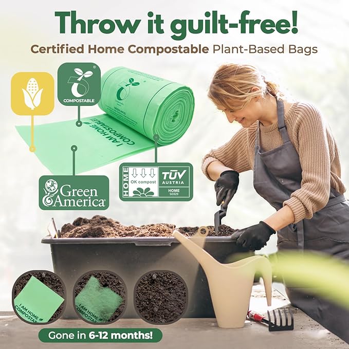 Compostable Kitchen Trash Bags 33 Gal - Cornstrarch Leakproof & Tear Resistant 40 Compost Bags - OK Compost Home & Seedling Certified 0.28 mm Kitchen Garbage Bags