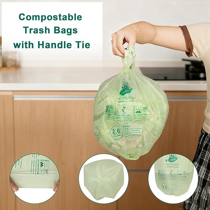 2.6 Gallon 100 Count,Compostable Bags Handle Tie,Tear Resistant Kitchen Food Scrap Waste Bag, ASTM D6400, US BPI and Europe OK Compost Home Certified