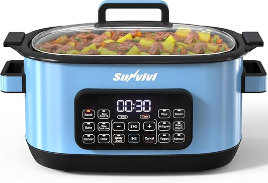 Sunvivi 12-in-1 Multi Slow Cooker Roaster Oven, 6.5QT Sliver Digital Programmable Slow Cooker with Rack, Large Removable Nonstick Crock, Glass Lid, Multicooker with Timer Temp Control, Blue