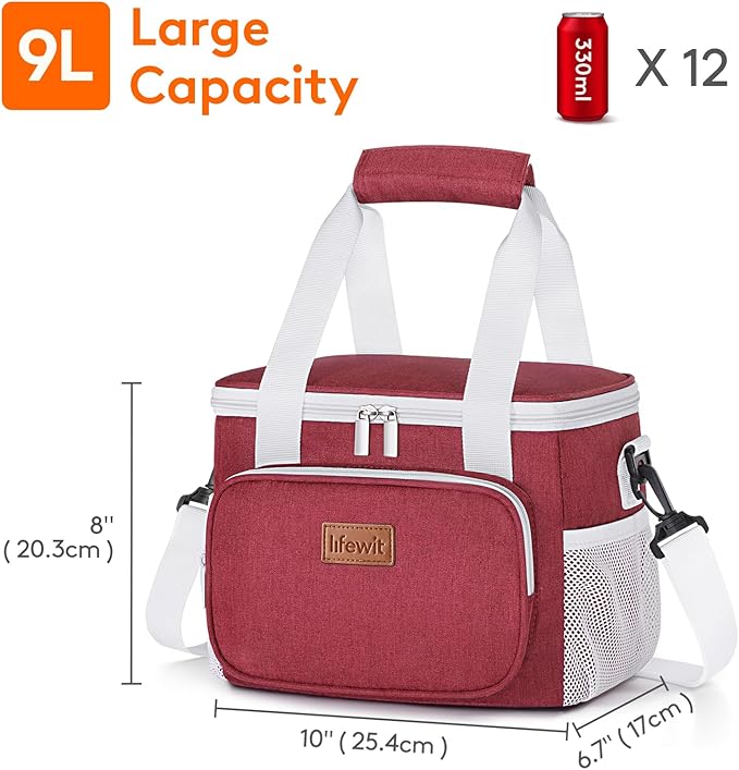 Lifewit Medium Lunch Bag Insulated Lunch Box Soft Cooler Cooling Tote for Adult Men Women, White and Red12-Can (9L)