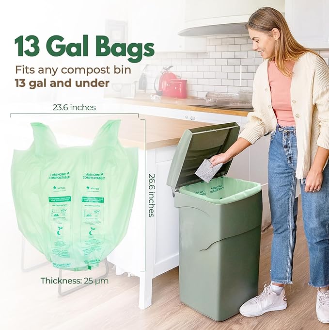 Compostable Kitchen Trash Bags 13 Gal - Cornstrarch Leakproof & Tear Resistant 50 Compost Bags - OK Compost Home & Seedling Certified 0.25 mm Kitchen Garbage Bags