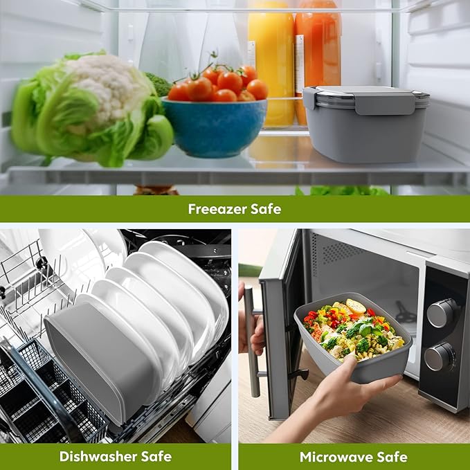 Cherrysea 2Pack Salad Lunch Container, 68oz Salad Bowls with 4 Compartments Tray,Leak Proof Lunch Box with Fork for Men,Women BPA-Free Snack Container with Sauce Container for Dressings-Grey