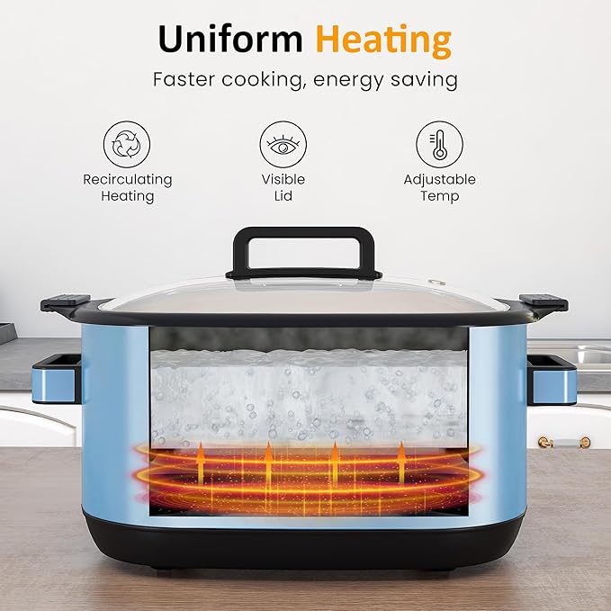 Sunvivi 12-in-1 Multi Slow Cooker Roaster Oven, 6.5QT Sliver Digital Programmable Slow Cooker with Rack, Large Removable Nonstick Crock, Glass Lid, Multicooker with Timer Temp Control, Blue