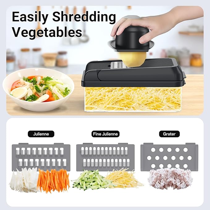 15-in-1 Vegetable Chopper, Kitchen Gadgets with 10 Blades, Veggie, Food, Onion Chopper, Cucumber Slicer, Versatile Mandoline, Includes Egg Separator & Finger Guard, Gray