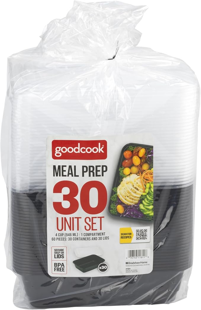 GoodCook Meal Prep Rectangle Single Compartment 30 units, Black, BPA Free