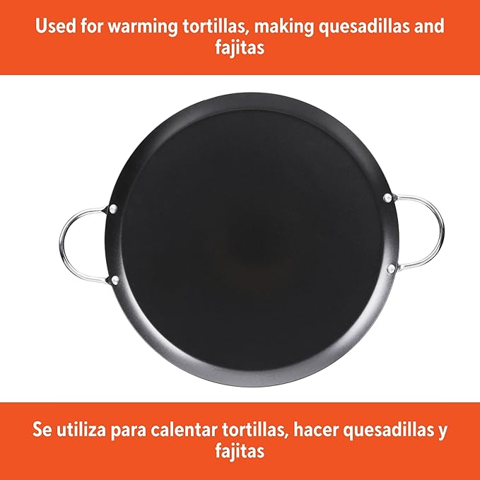IMUSA 11in Carbon Steel Nonstick Round Comal with Metal Handles, Black