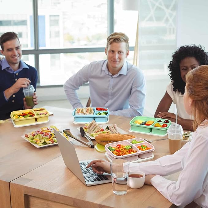 Caperci Bento Lunch Box Containers for Adults & Kids - 3-Compartment Reusable Meal Prep Containers with 2 Sauce Containers for School, Work, Travel, Wheat Straw, 4-Pack (Vintage Colors)