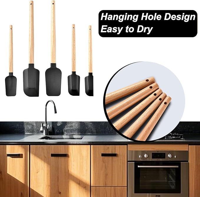 Black Silicone Spatula Set, Food Grade Rubber Spatula-5 Piece Nonstick Rubber Spatulas, Spoonula, Jar Scraper for Cooking, Baking, Mixing, Frosting