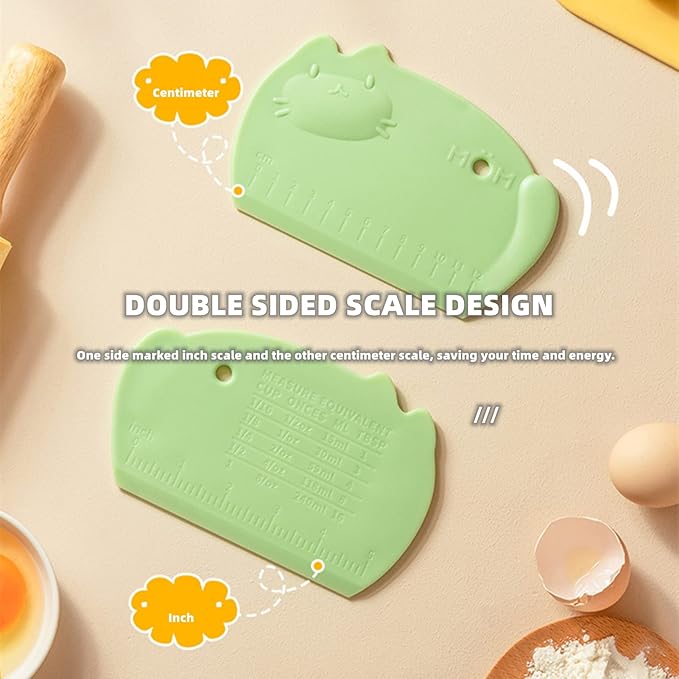 Silicone Dough Scraper with Scale Cartoon Food Grade Baking Scrapers Dough Cutters Food Scrappers for Bread Dough Baking Cake Fondant Icing Silicone Bench Scraper for Sourdough, 2 Pcs, Green & Yellow