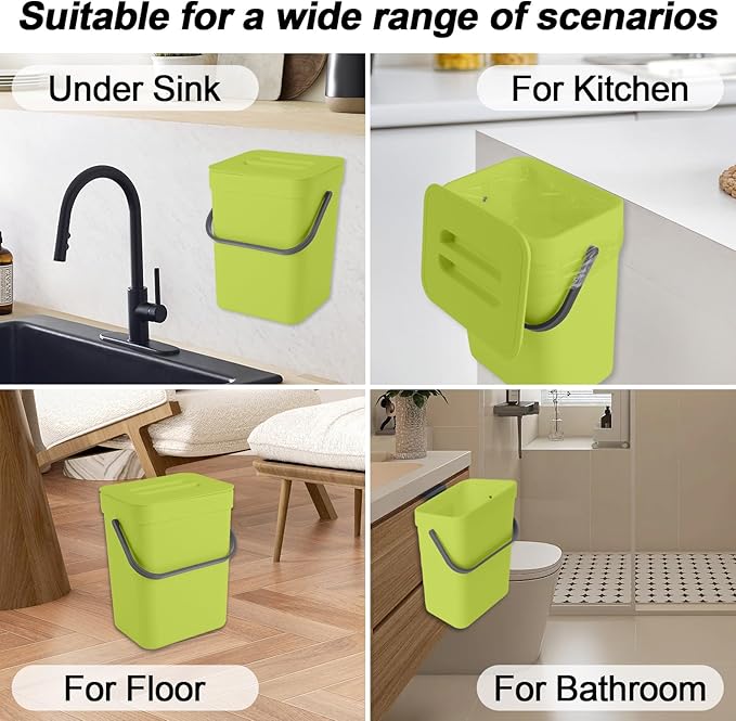 Compost Bin Kitchen, Includes 100 Trash Bags, Hanging Trash Can with Lid, Features Pet-Proof, Odor-Proof, and Quiet Opening/Closing. Suitable for Bathrooms/Bedrooms/Offices (Green, 0.8Gal/3L)