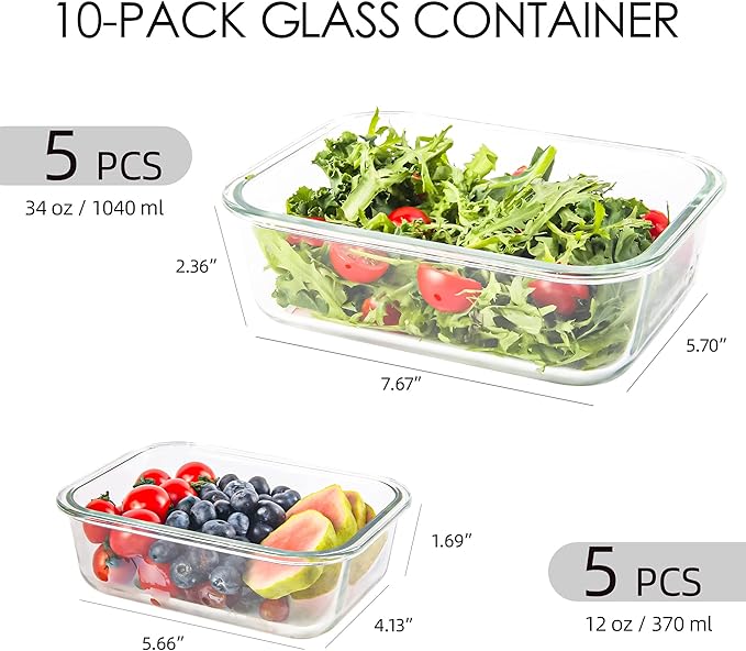 10 Pack Glass Food Storage Containers, Glass Meal Prep Containers with Lids Leak Proof, Microwave & Freezer Safe (34oz & 12oz)