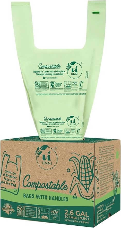 UNNI Compostable T-Shirt Bags with Tie Handles, 2.6 Gallon / 9.84 Liter, 50 Count, 0.68 mil Small Kitchen Caddy Liners, Certified by BPI, CMA & OK compost HOME, Meets ASTM D6400