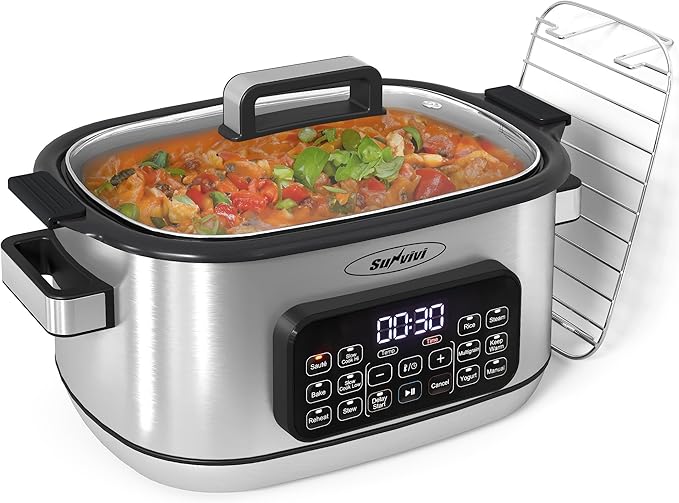 Sunvivi 12-in-1 Multi Slow Cooker Roaster Oven, 6.5QT Sliver Digital Programmable Slow Cooker with Rack, Large Removable Nonstick Crock, Glass Lid, Multicooker with Timer Temp Control, Delay Start