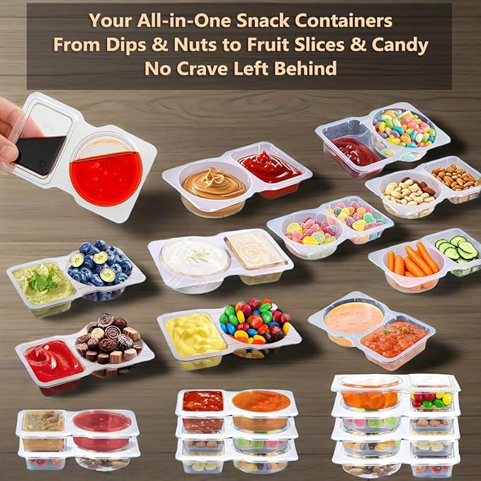 20 Sets Reusable Snack Containers Double Compartment Snackle Box Container with Lids - Leak-Proof BPA-Free Food Storage, Condiments Portion Control Dip Cups for Kids School Lunches, Meal Prep, Takeout