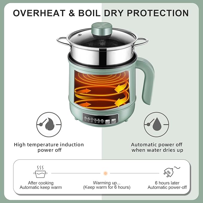 Smart Mini Hot Pot with Timer and Automatic Shut Off 1.2L Non-Stick Rapid Noodle Cooker w Stainless Steel Steamer Basket 600W Quick Cook 5 Cooking Modes for Soup, Rice (1cup) , Porridge, Pasta Great for 1-2 Persons (Green)