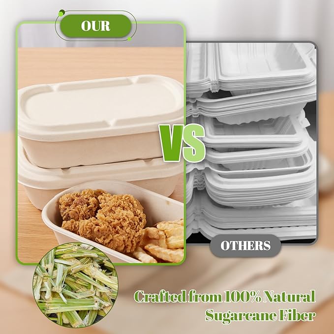[100% Eco-Friendly] 34 oz Disposable Food Containers with Lids – Sugarcane Pulp Take Out Containers, Biodegradable Lunch Box, Compostable and Microwave Safe To-Go Boxes for Meal Prep – Pack of 50
