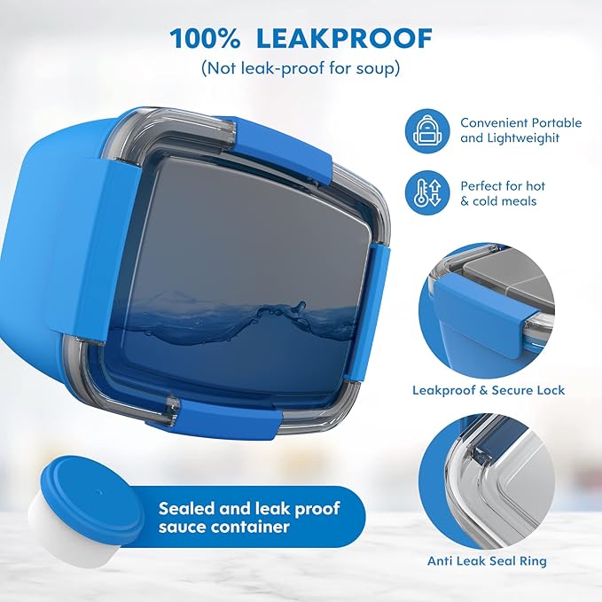 Cherrysea 2Pack Salad Lunch Container, 68oz Salad Bowls with 4 Compartments Tray,Leak Proof Lunch Box with Fork for Men,Women BPA-Free Snack Box with Sauce Container for Dressings - Blue