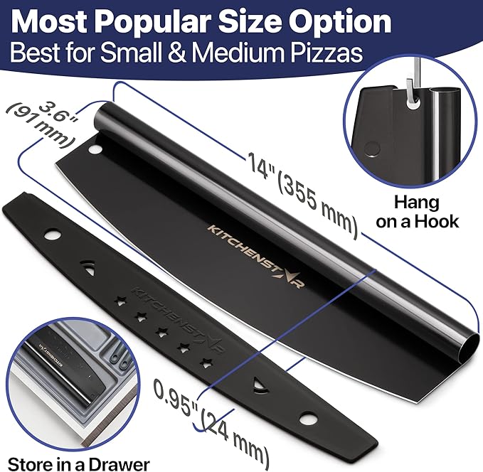KitchenStar 14-Inch Pizza Cutter Rocker Blade - Sharp Stainless Steel Slicer Knife, Protective Cover, Black, Large - Professional Pizza Oven Accessories