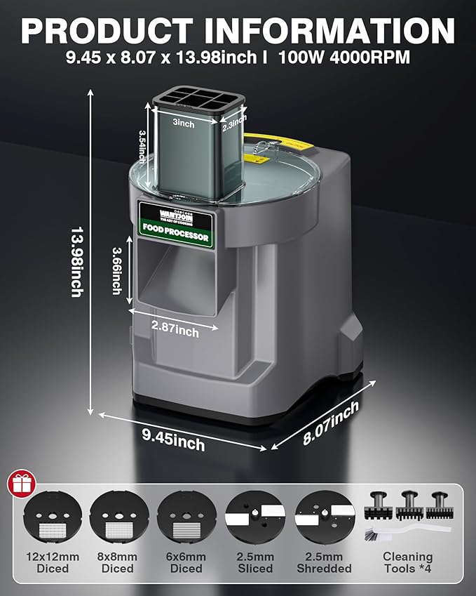 WantJoin 5-in-1 Electric Food Processor & Vegetable Chopper - Multifunctional Commercial Dicer with Stainless Steel Blades for Slicing (2.5mm), Dicing (6/8/12mm), Chopping (2.5mm), Shredding