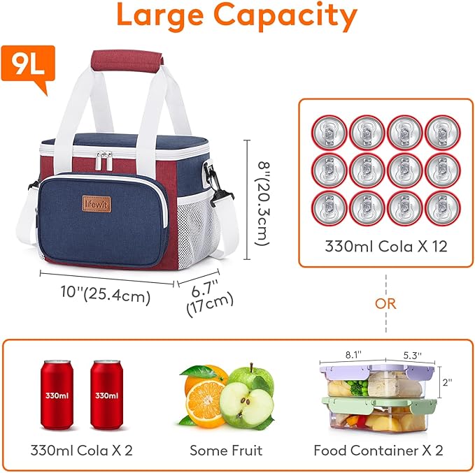 Lifewit Medium Lunch Bag Insulated Lunch Box Soft Cooler Cooling Tote for Adult Men Women, White and Red and Blue 12-Can (9L)