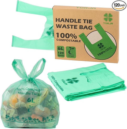 YORJA 1.6 Gallon Tie Handles Compost Trash Bags 120 Food Scrap Bags, Compostable Kitchen Waste Bags with Europe EN13432 & ASTM D6400 Certified