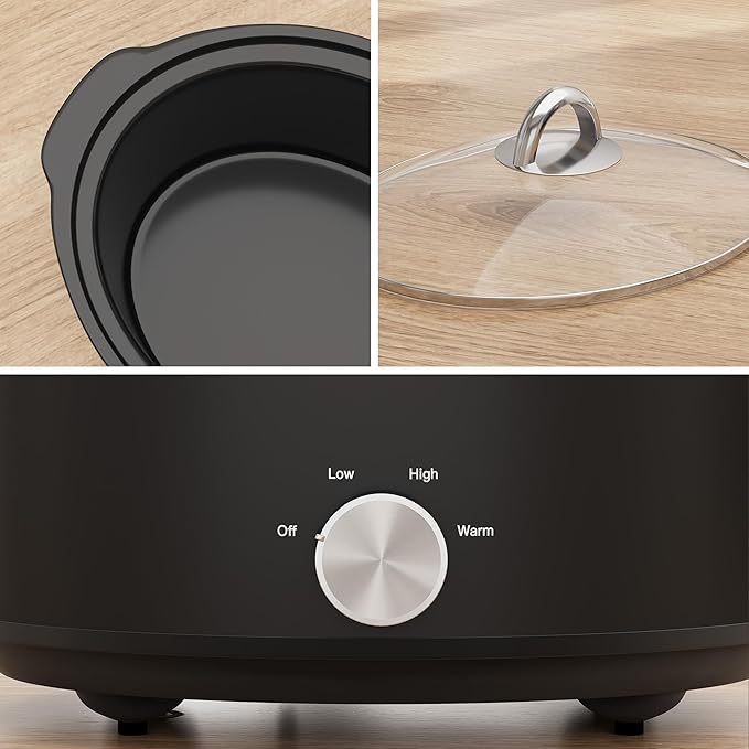 Sunvivi Small Slow Cooker 4QT, Mini Food Warmer with 3 Heating Settings, Removable Ceramic Pot, Dishwasher Safe Glass Lid, Stainless Steel, Black