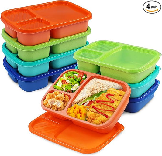 8 Pack Bento Lunch Box Set 3 Compartment Wheat Straw Meal Prep Food Storage Containers Plastic, Microwave and Dishwasher Safe （Jewel Brights）