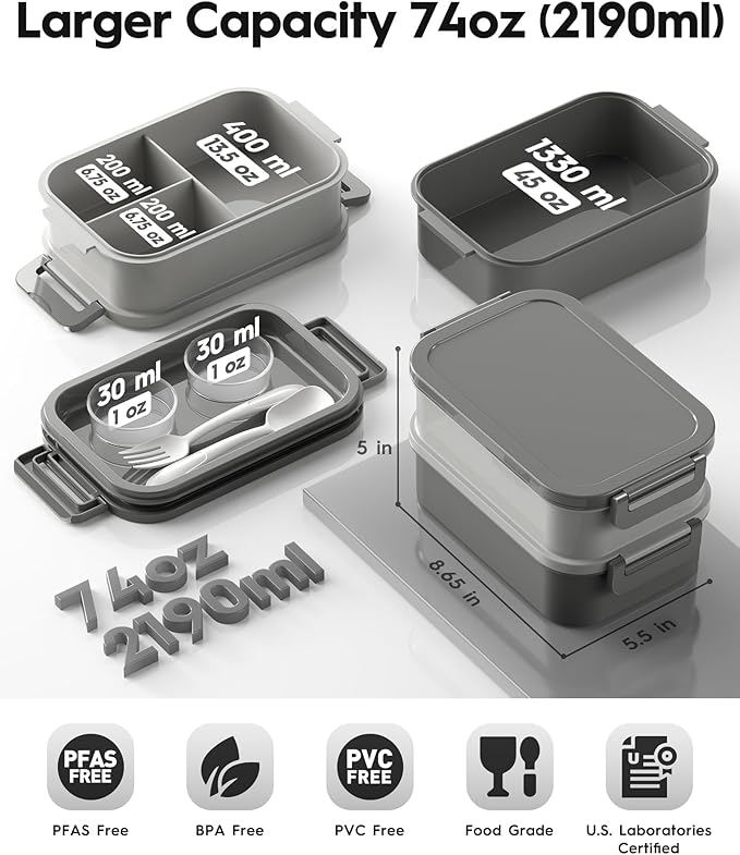 Adults Bento Box with Insulated Lunch Bag, 74oz Capacity 3 Stackable Leak-Proof Bento Box Built-In Utensil and Sauce, PFAS & BPA-Free, Microwave & Dishwasher Safe (Dusk Gray)