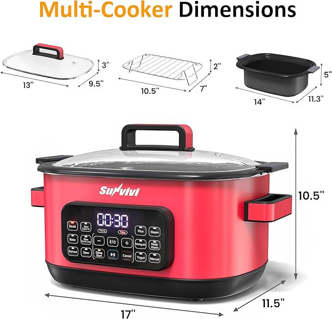Sunvivi 12-in-1 Multi Slow Cooker Roaster Oven, 6.5QT Sliver Digital Programmable Slow Cooker with Rack, Large Removable Nonstick Crock, Glass Lid, Multicooker with Timer Temp Control, Red