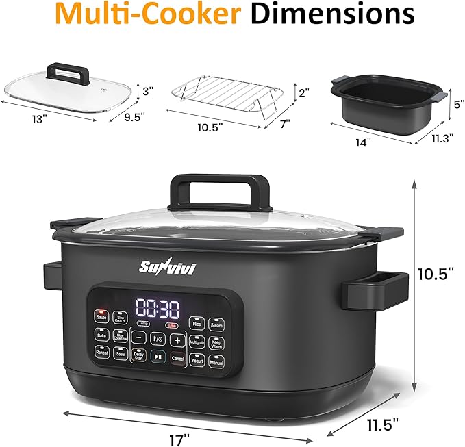 Sunvivi 12-in-1 Multi Slow Cooker Roaster Oven, 6.5QT Sliver Digital Programmable Slow Cooker with Rack, Large Removable Nonstick Crock, Glass Lid, Multicooker with Timer Temp Control, Black