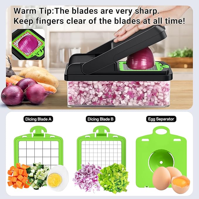 15-in-1 Vegetable Chopper, Kitchen Gadgets with 10 Blades, Veggie, Food, Onion Chopper, Cucumber Slicer, Versatile Mandoline, Includes Egg Separator & Finger Guard, Green