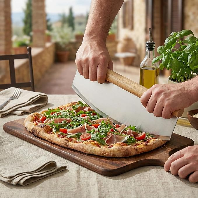 14-Inch Stainless Steel Professional Pizza Rocker Knife, Wood Handle Blade Cutter with Comfort Cover, Commercial Grade Pizza Slicer