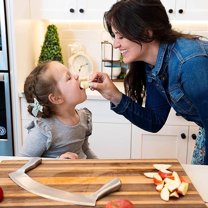 Stainless Steel Mezzaluna Knife with Cover – 12 In. Curved Blade with Solid Steel Handles & Mezzaluna Sheath – Pizza Cutter Rocker, Rocker Knife Veggie Cutter, Salad Chopper, & Herb Cutter