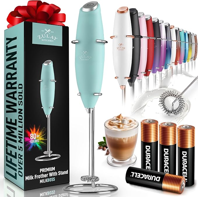 Zulay Kitchen Powerful Milk Frother Wand With 4 AA Duracell Batteries - Ultra Fast Handheld Drink Mixer - Electric Whisk Foam Maker for Coffee, Lattes, Cappuccino, Matcha & Creamer