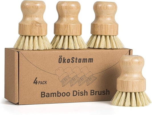 4 Pack Bamboo Dish Brush, Dish Scrubber Brush with Sisal Bristle, Natural Scrub Brush for Kitchen Cleaning Dishes, Pots, Pans, Bottles, Vegetables