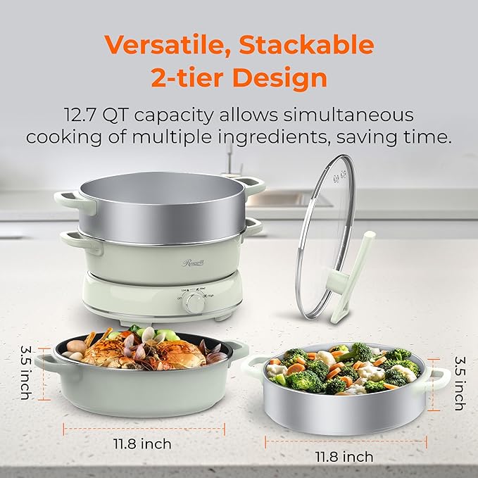 Rosewill 12.7 QT Electric Hot Pot Slow Cooker with Multiple Functions, Split Design with 11.8 inch Wider Cooking Pot and SUS Steam Basket, 1600W High Power, Includes Utensils - Light Green