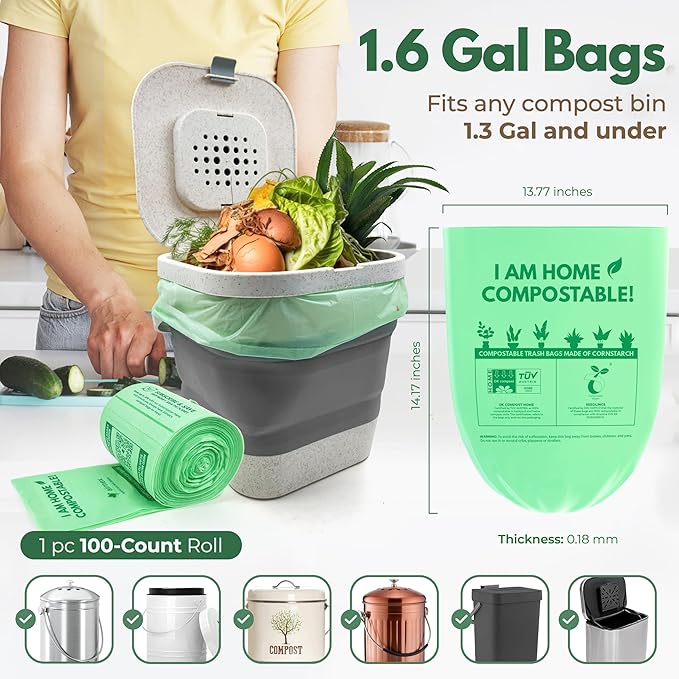 Small Compost Bags 1.6 Gal - 100 Compostable Kitchen Trash Bags for Countertop Bin - Cornstarch Leakproof & Tear-Resistant - OK Compost Home & Seedling Certified 0.18 mm Kitchen Garbage Bags