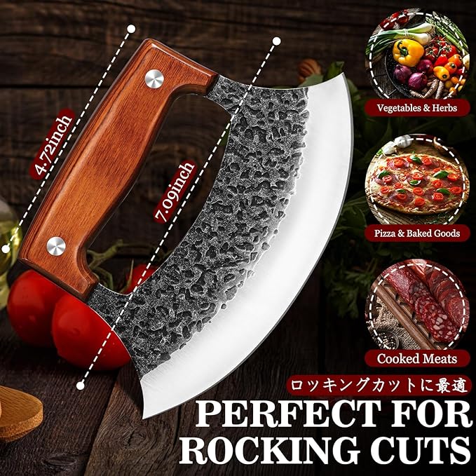 TIVOLI Ulu Knife with Wooden Stand – Full Tang High Carbon Steel, Japanese-Inspired Rocker Knife with Gift Box, Mezzaluna Knives & Pizza Cutter for Kitchen, Camping & BBQ, Unique Gift for Men