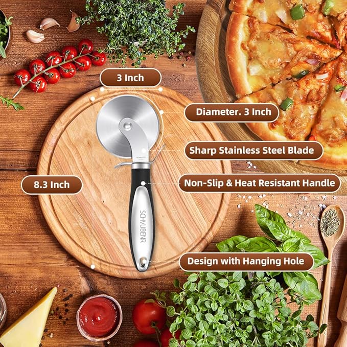 SCHVUBENR Premium Pizza Cutter Wheel - Ultra Sharp Stainless Steel Pizza Slicer with Non-Slip Soft Grip Handle - Multi-Purpose Cutter for Pizza, Dough & Pastry - Dishwasher Safe, Easy to Clean - Black