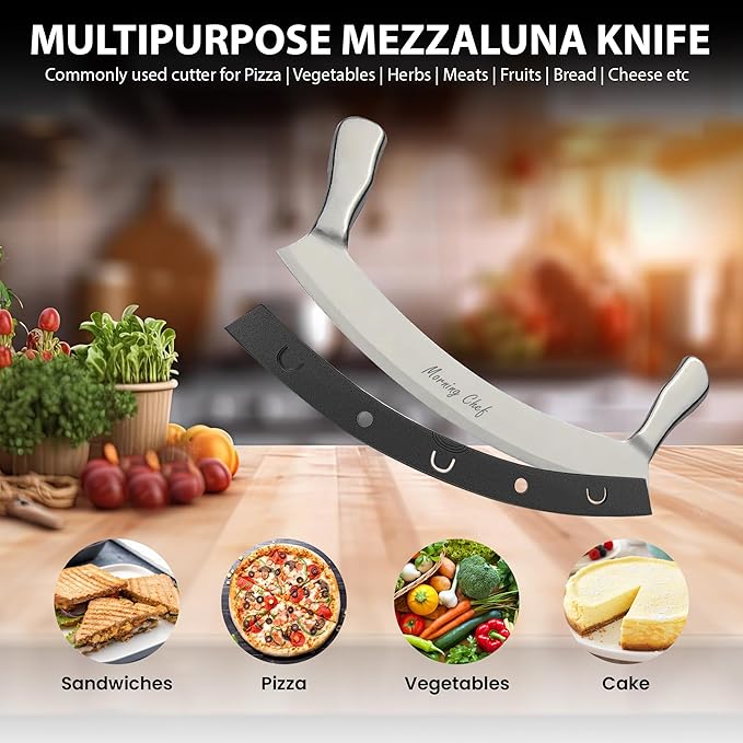 12" Stainless Steel Mezzaluna Knife | Pizza Cutter | Chopper Dicer Mincer | Curved Blade with Steel Handles | Mezzaluna Sheath Pizza Cutter Rocker, Rocker Knife Veggie Cutter
