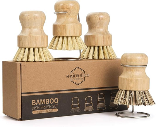 6-Piece Bamboo Dish Brush Set with Fast-Dry Stainless Steel Holder,3xNatural Sisal Bristle Brush & 1xPalm Bristle Kitchen Cleaning Brushes for Dishes, Pots, Pans & Sink