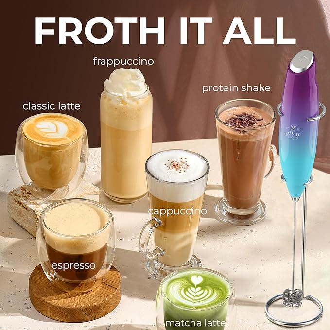 Zulay Kitchen Patented Tornado Triple Whisk Milk Frother with 4 Duracell Batteries – Handheld Foam Maker for Coffee, Lattes, Matcha & Hot Chocolate – Rich, Creamy Froth in Seconds