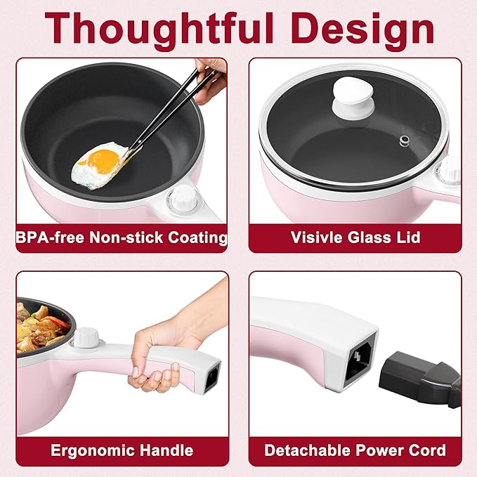 Dezin Hot Pot Electric Upgraded, Non-Stick Sauté Pan, Rapid Noodles Electric Pot, 1.5L Mini Portable Hot Pot for Steak, Egg, Fried Rice, Ramen, Oatmeal, Soup with Power Adjustment