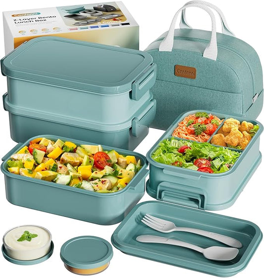 Adults Bento Box with Insulated Lunch Bag, 74oz Capacity 3 Stackable Leak-Proof Bento Box Built-In Utensil and Sauce, PFAS & BPA-Free, Microwave & Dishwasher Safe (Mint Green)