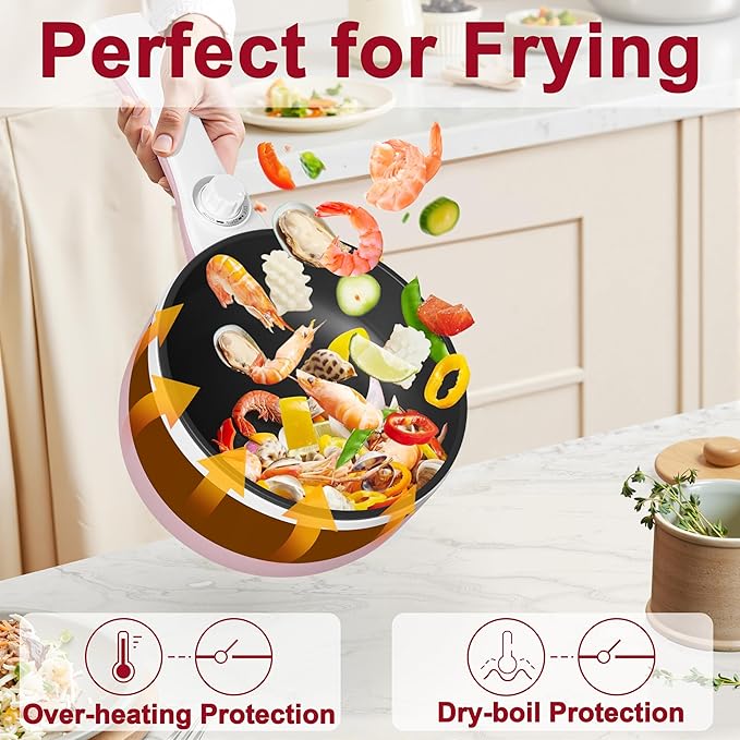 Dezin Hot Pot Electric with Steamer Upgraded, Non-Stick Sauté Pan, Rapid Noodles Electric Pot, 1.5L Mini Pot for Steak, Egg, Fried Rice, Ramen, Oatmeal, Soup with Power Adjustment