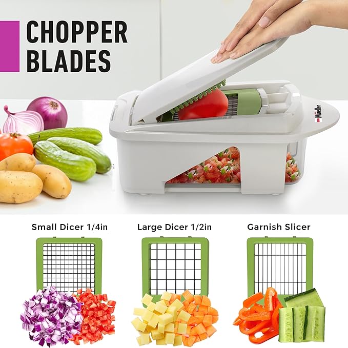 Mueller Pro-Series All-in-One, 12 Blade Mandoline Slicer for Kitchen, Food Chopper, Vegetable Slicer and Spiralizer, Cutter, Dicer, Grater, Kitchen Gadgets Sets with Container, White Sand/Pastel Green