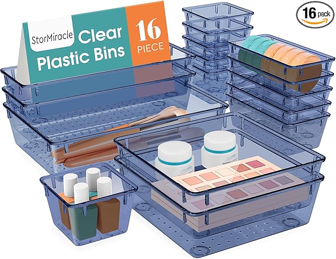 16 PCS Drawer Organizer Set, 5 Varied Size Bathroom and kitchen Drawer cabinet organizer Trays, Clear Storage Bins for Makeup, Jewelry, Utensils and Gadgets,Dark Blue